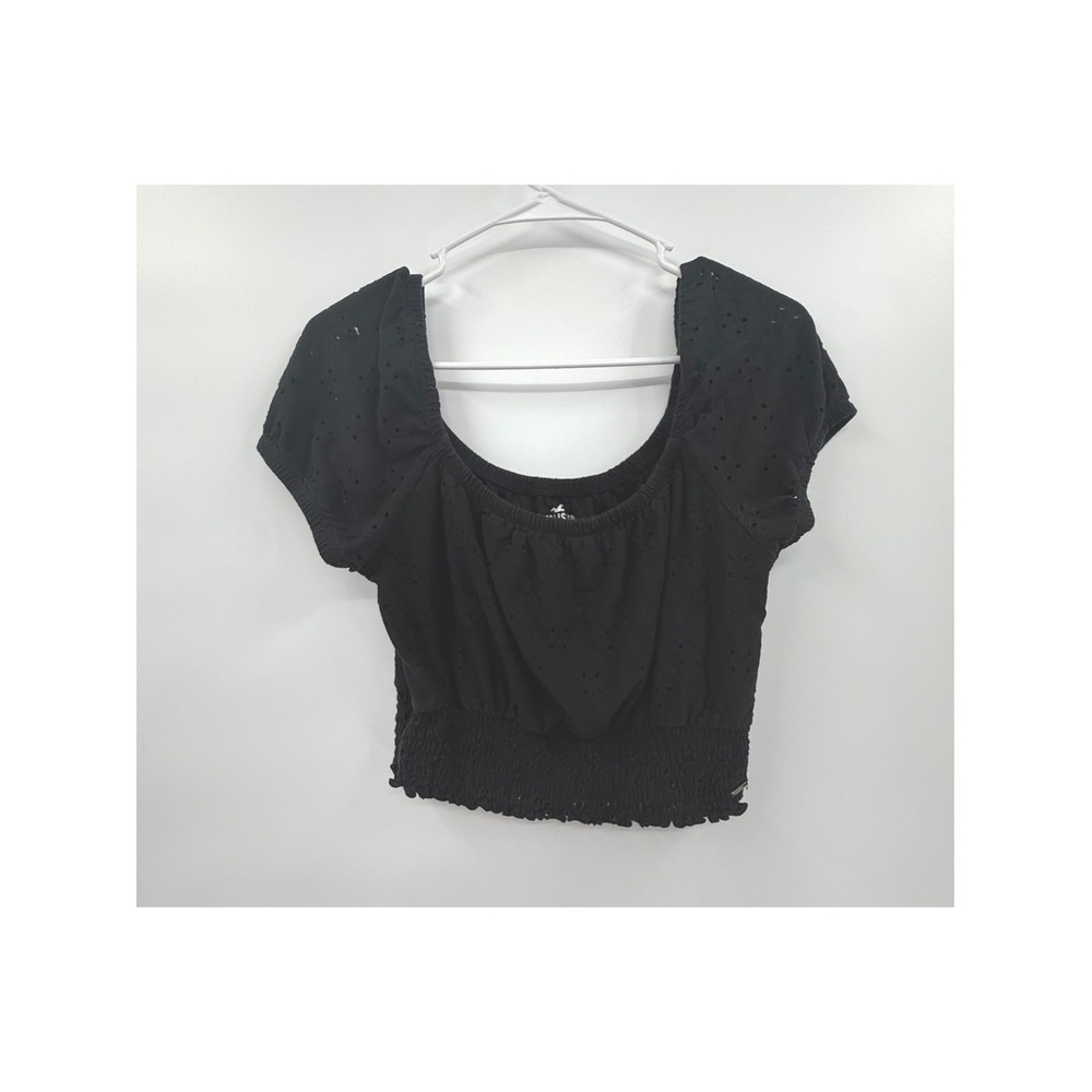 Hollister Medium Eyelet Crop Top Womens Black Smocked Waist Puff Sleeve Boho